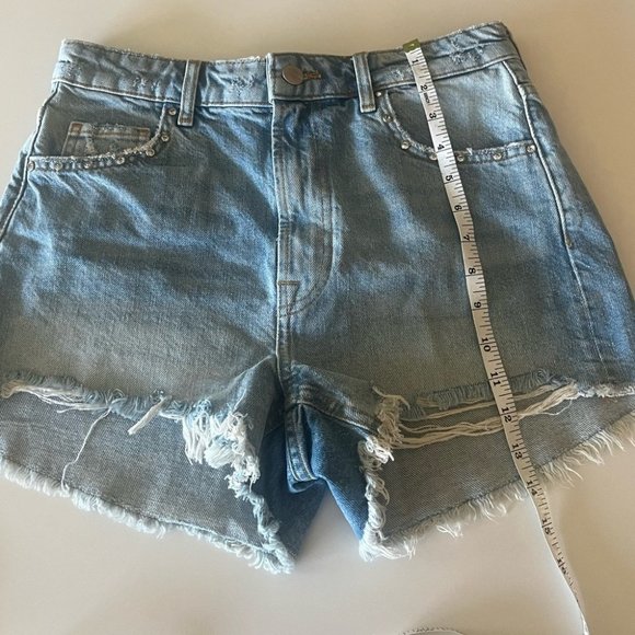 Zara High Waisted Denim Rhinestone Distressed Shorts - Picture 7 of 8